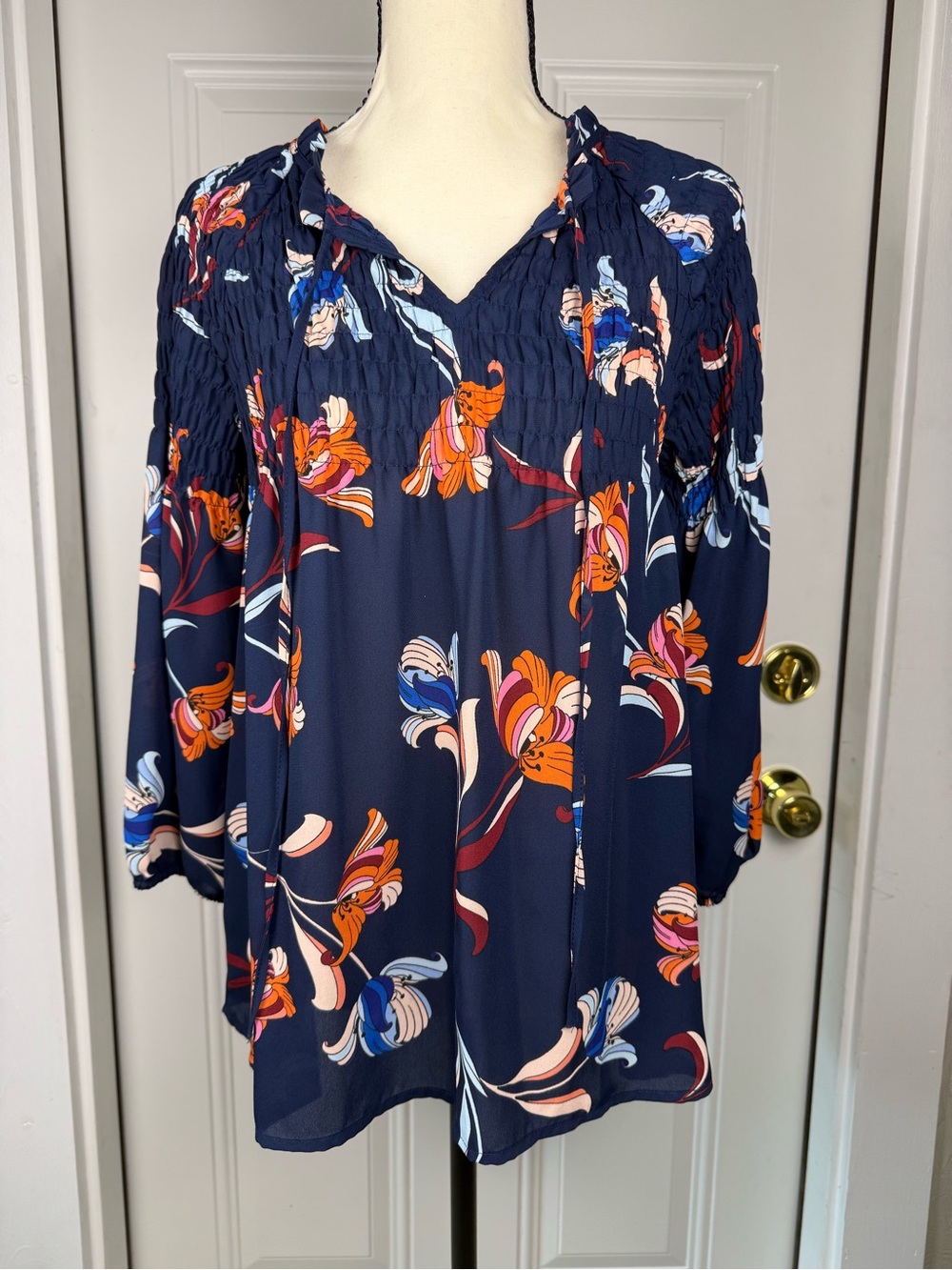 a.n.a Navy Floral Tie-Front Smocked Blouse